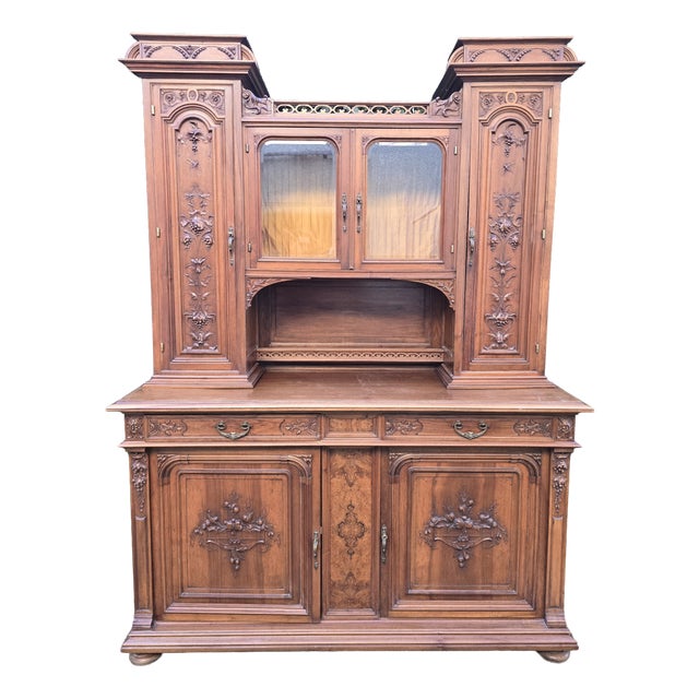 Antique Art Nouveau French Walnut Buffet Cabinet, 1900s For Sale