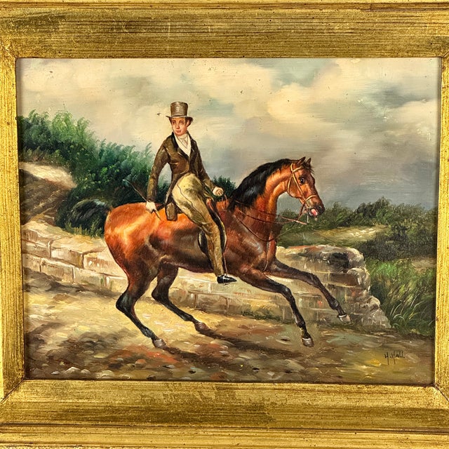 Blue Late 19th Century Original Antique Oil on Board Painting of Gentleman Riding a Horse, Signed H. Hall, in Ornate Gilt Wood Frame For Sale - Image 8 of 12