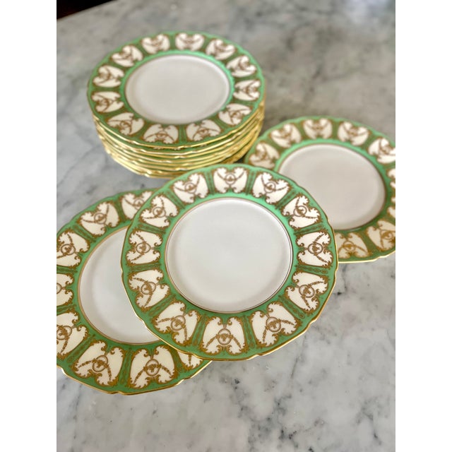 1920s Royal Doulton Sevres Green & Gold Gilt Dinner Plates - Set of 12 For Sale - Image 14 of 18