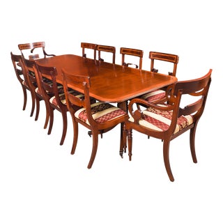Vintage Twin Pillar Mahogany Dining Table and Chairs by W. Tillman, 1980s, Set of 11 For Sale
