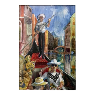 Venetian Canal Gondola Gondolier Scene Contemporary Mixed-Media Painting, Signed, Framed Art For Sale