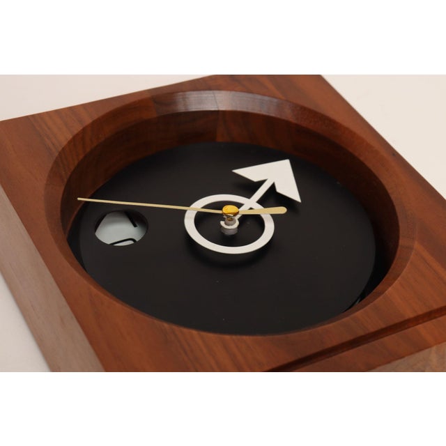 Vintage American Modernist Staved Walnut Square Wall Clock With Date Window For Sale - Image 11 of 13