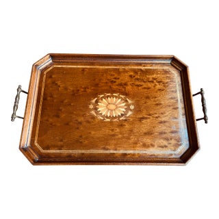 Gorgeous 1900’s Antique Serving Tray, English, Mahogany With Hand Painted Design at Center. 20”x13.5” Brass Handles For Sale