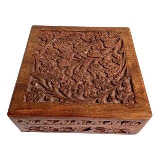 Hand Carved Teak Box Floral Motif Hinged Lid For Sale