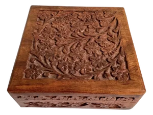 Hand Carved Teak Box Floral Motif Hinged Lid