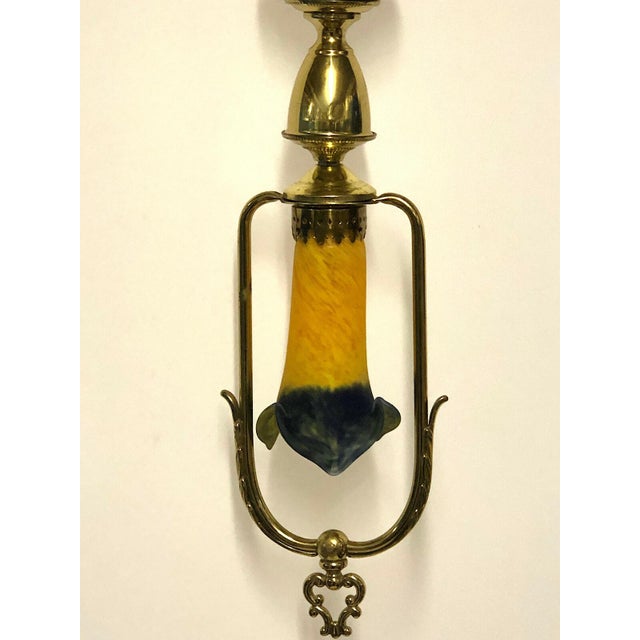 Mid-Century Modern French Brass and Glass Pate De Verre Single-Light Chandelier, 1960s For Sale - Image 3 of 6