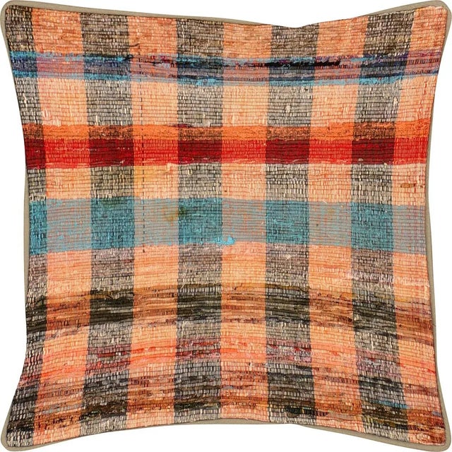 1960s Turkish Rag Pillow. Sewn with fragments of vintage hand made Anatolian cotton & linen kilims. Fiber fill. 523090