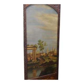 19th-Century Replica Three-Panel Folding Screen — Oil-Painted Italian Landscapes With Carved Walnut Frame & Marquetry Inlay For Sale