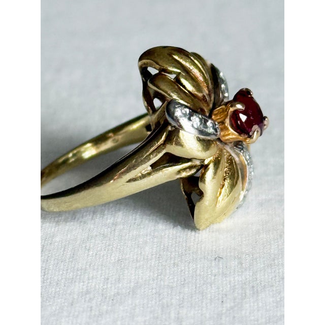 Mid-Century Modern Vintage Mid-Century 18k Yellow Gold Garnet and Diamond Flower Cluster Ring, Size 7 For Sale - Image 3 of 12