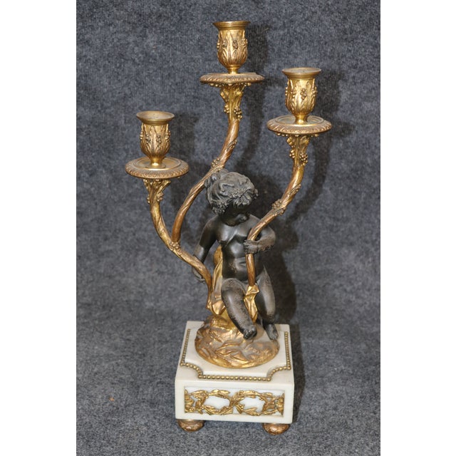 French Louis XV Style Figural Gilt Metal and Marble Clock Set For Sale - Image 15 of 15