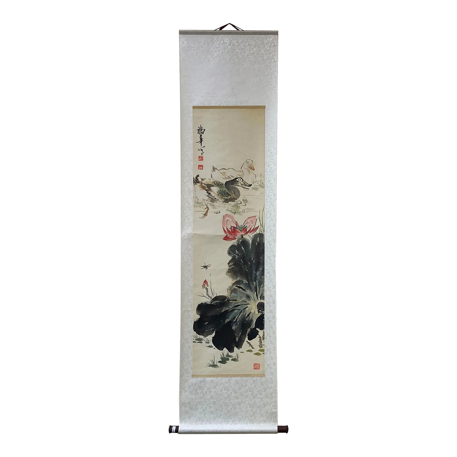 Chinese Color Ink Water Ducks Flower Pond Scroll Painting Wall Art ...