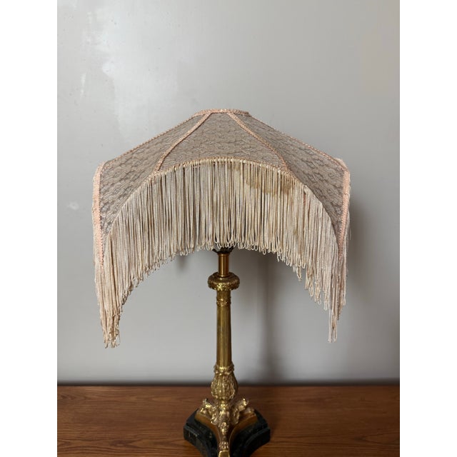 Brass Mid 20th Century Victorian Footed Marble and Brass Table Lamp With Fabric Fringe/Tassel Lamp Shade For Sale - Image 8 of 11