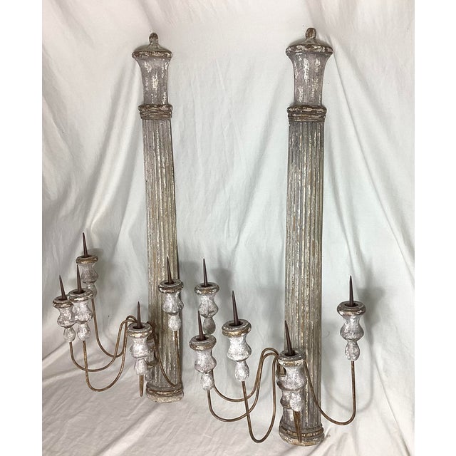 Wonderful Pair Pilaster Wall Candelabra by Aiden Gray 38 1/2” tall By 15” wide by 13” deep. Each candelabra has five...
