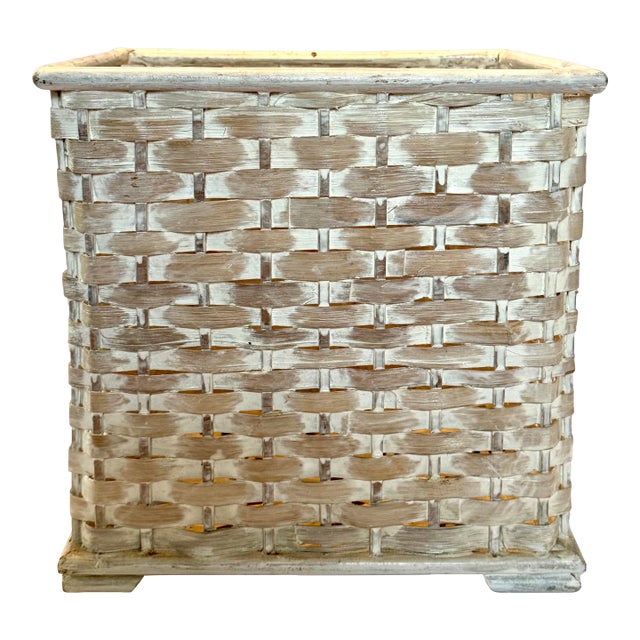 Vintage White Washed Ratan Wicker Rectangular Basket Bin Wastebasket For Sale