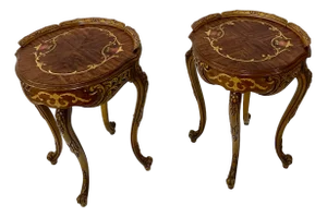 Pair of Vintage French Inlayed Carved Walnut Side Tables – 1930s