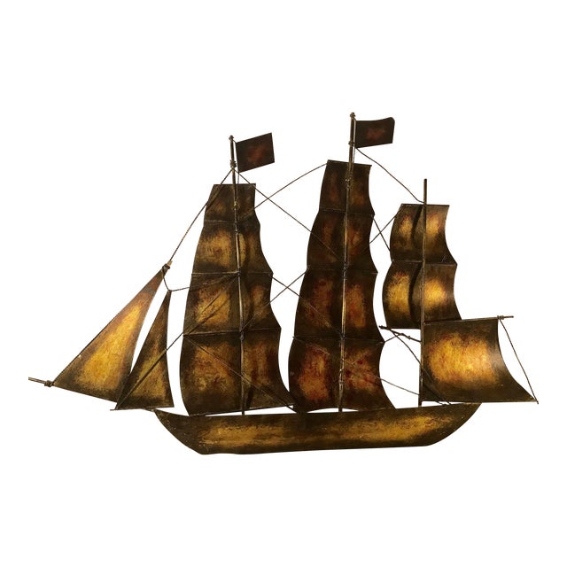 20th Century Brutalist Brass Metal Sailing Ship Wall Art Chairish