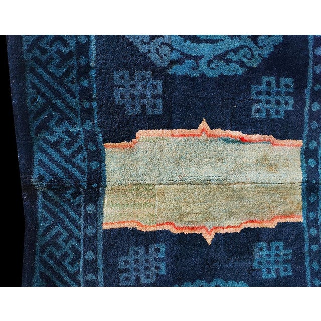 1930s Blue Geometric Medallion Antique Chinese Horse Corver Hand Knotted Rug 1'10"x4' Wool Carpet For Sale - Image 4 of 7