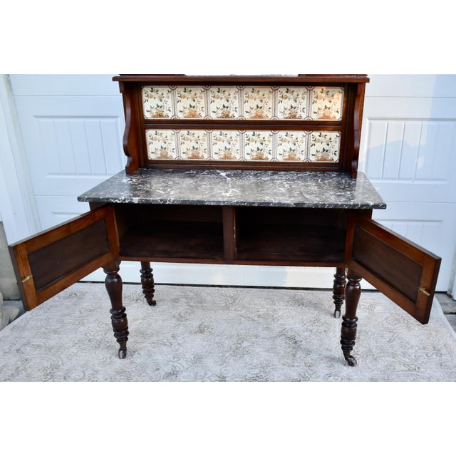 Antique Edwardian Style Walnut/Burl Marble Top Cabinet W/Tile & Mirrored Back For Sale - Image 9 of 11