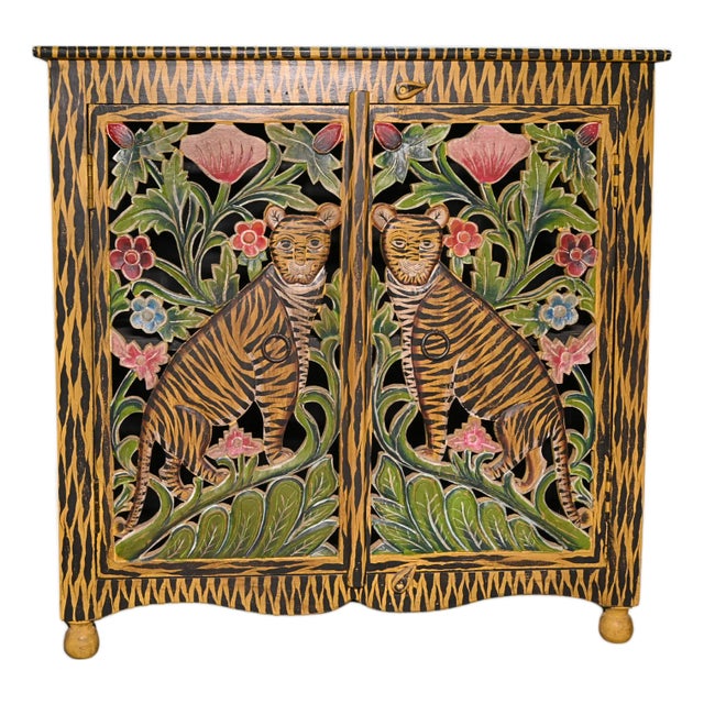 Late 20th Century Hand-Carved Tiger Motif Wooden Cabinet With Floral Detailing – 38” Tall Console Table For Sale