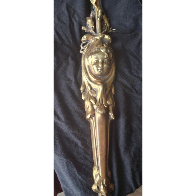 Glass 19thc French Art Nouveau Gilt Bronze "Beautiful Baby Face" Sconce With Designer Art Glass Period Shade For Sale - Image 7 of 18