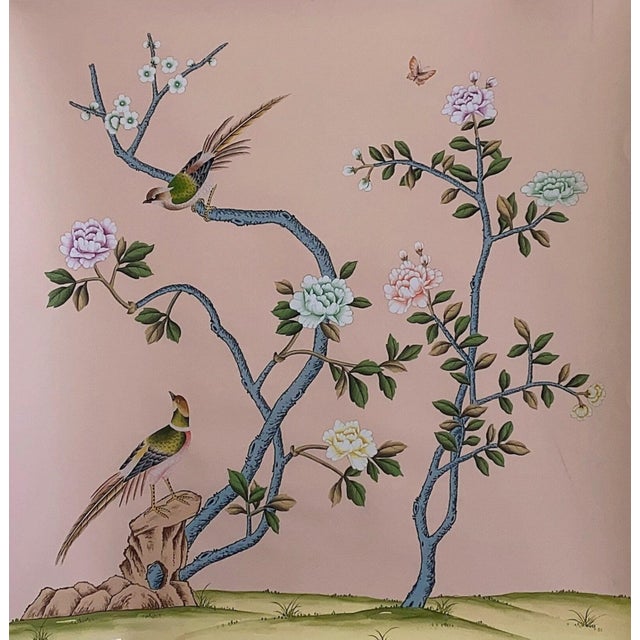 Not Yet Made - Made To Order Blush Pink Chinoiserie Garden Mural | Single Panel Hand-Painted Wall Art For Sale - Image 5 of 5