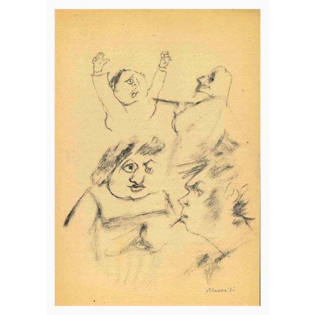 Figures is a Charcoal Drawing realized by Mino Maccari (1924-1989) in the Mid-20th Century. Hand-signed on the lower. Good...