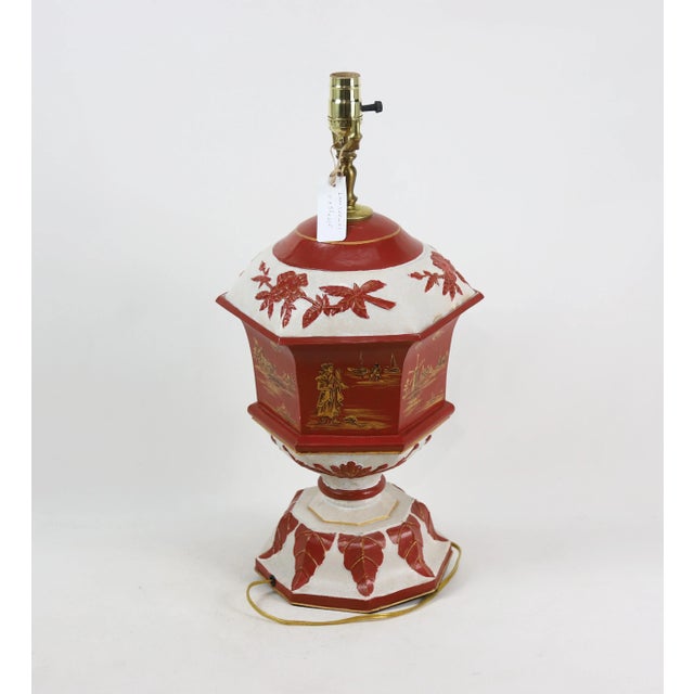 Rust Red Hexagon Tole Urn Lamp，retro Table Lamp For Sale - Image 4 of 9