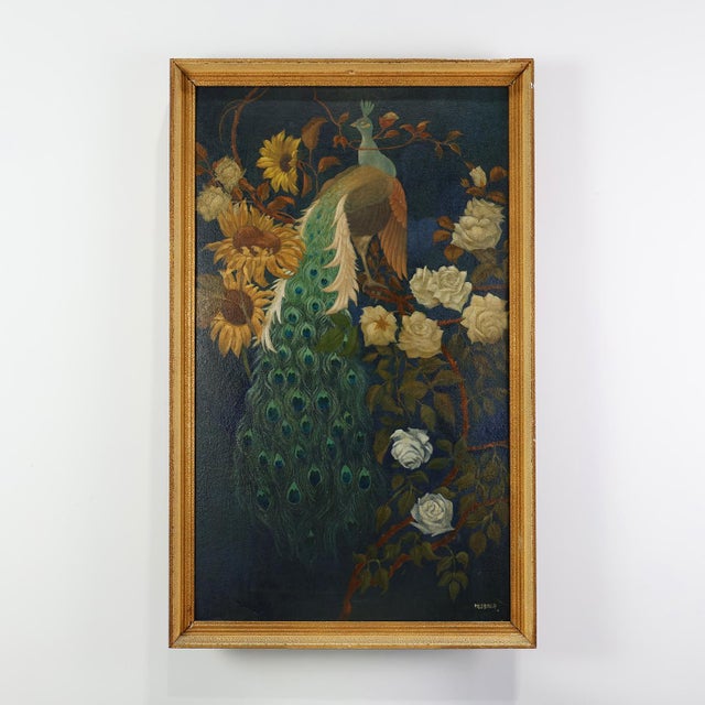 Belgian Artist, Hollywood Regency Style Peacock with Roses, 1950s, Oil on Canvas, Framed For Sale - Image 11 of 11