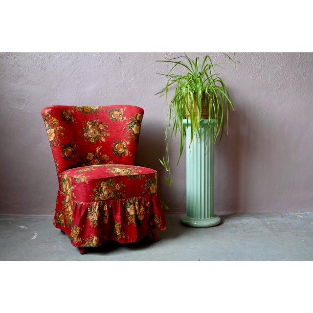 Cocktail Armchair with Red Floral Fabric and Compass Legs For Sale - Image 14 of 14