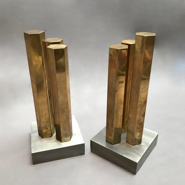 Modernist Architectural Brass and Steel Andirons - a Pair For Sale - Image 4 of 7