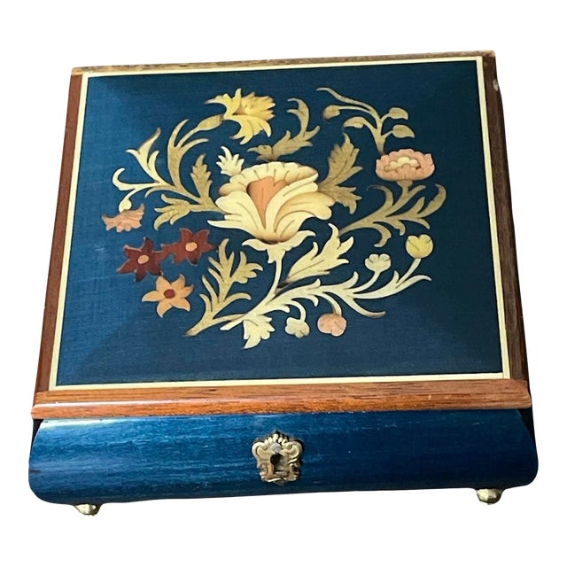 1970s Vintage Dark Blue Italian Wood Inlay Musical Box For Sale