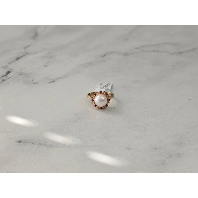 2020s 8MM Pearl Ring with Ruby Halo 14k Yellow Gold, Size 6.5 For Sale - Image 5 of 5