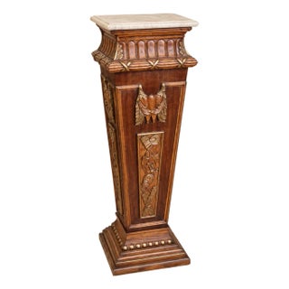 French Neoclassical Pedestal Stand – Wood Column With Marble Top & Gilded Gold Leaf Details For Sale