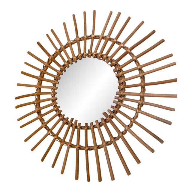 Vintage Rattan Sunburst Wall Mirror – 60 Cm – Mid-Century Bohemian Style For Sale
