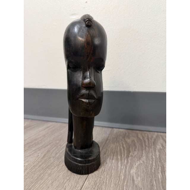 Ebony 1960s Hand‑Carved Ebony Wood Bust on Ribbed Pedestal Base For Sale - Image 8 of 11