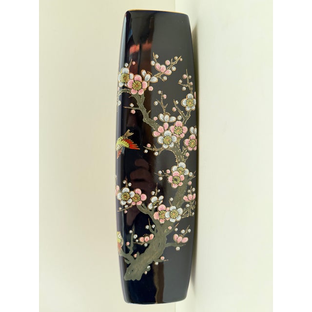 Mid-Century Modern Handpainted MCI Japan Porcelain Cobalt Vase With Cherry Blossom and Bird Motif For Sale - Image 3 of 8