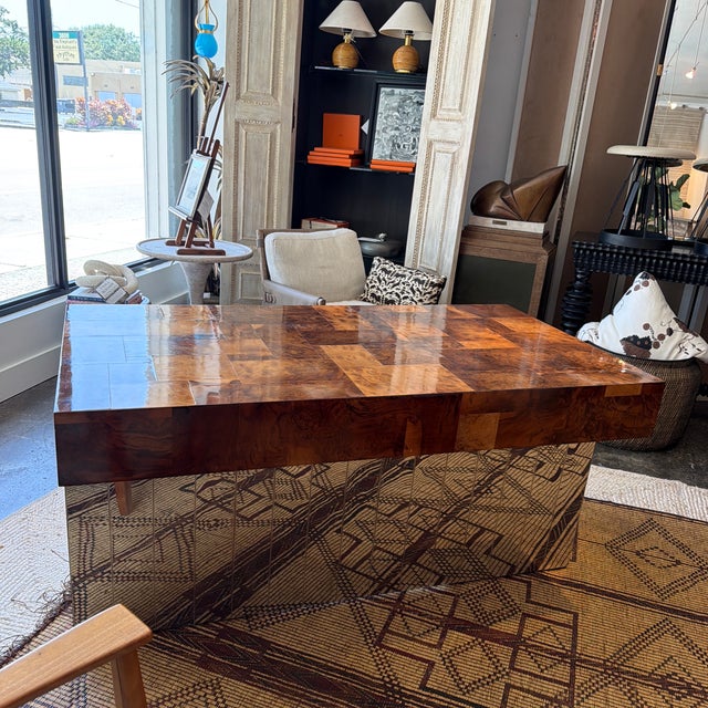 Paul Evans Mid 20th Century Paul Evans Cityscape Patchwork Burl Wood Desk For Sale - Image 4 of 12