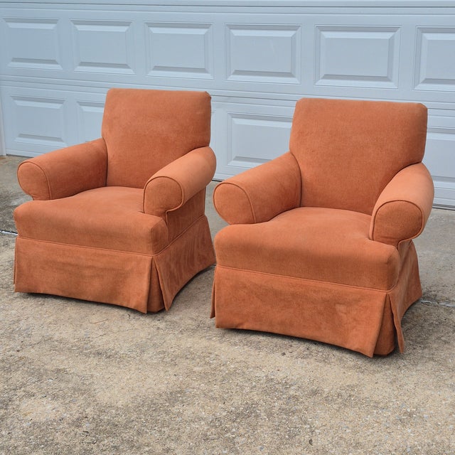 Vintage Square Back Rust Orange Upholstered Skirted Roll Arm Lounge Chairs - A Pair For Sale - Image 17 of 17