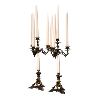 Pair of 19th Century French Napoleon III Bronze and Marble Candlesticks For Sale