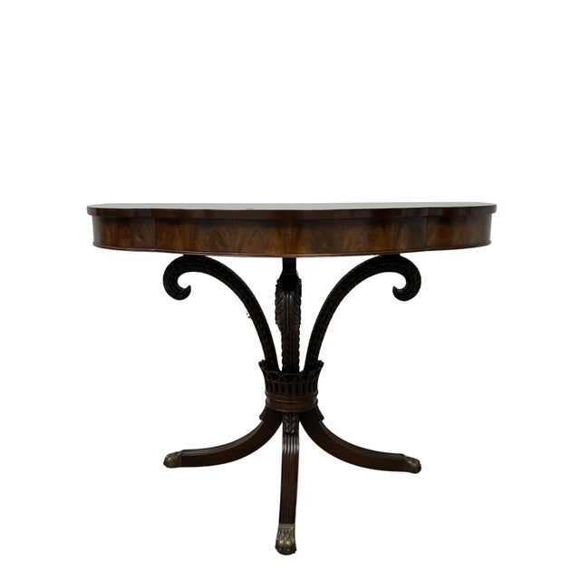 Pair of Antique Regency Style Flame Mahogany Demilune Console Tables For Sale In Charlotte - Image 6 of 12