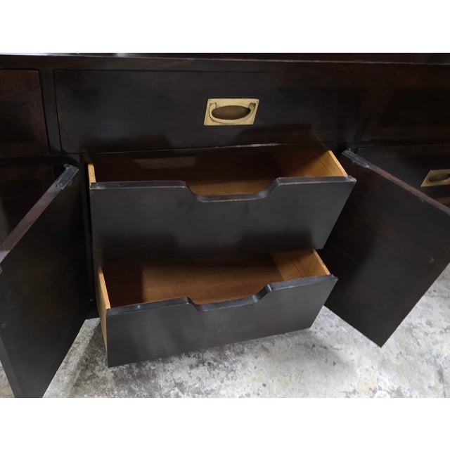 Hollywood Regency Campaign Style Ebonized Mahogany Credenza With Recessed Brass Pulls and Corner Mounts, 1970s For Sale In Washington DC - Image 6 of 15