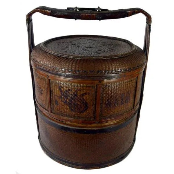 Antique Chinese Woven Wedding Basket with Handpainted Details. Opens into multiple compartments.