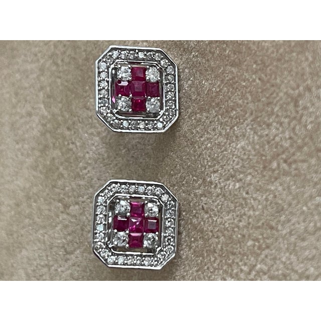 Princess Cut Natural Ruby and Diamond Stud Post Earrings 14 Karat White Gold For Sale - Image 17 of 18