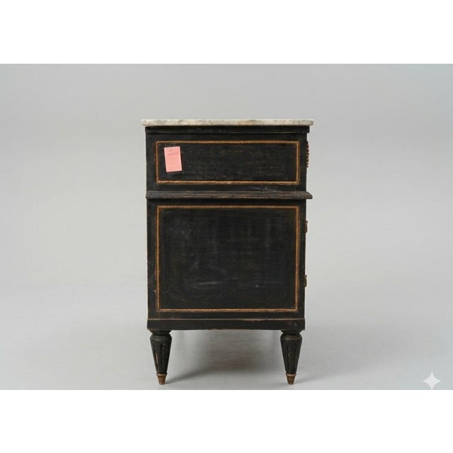 Antique French Louis XVI Style Marble Top Commode Chest - Ebonized Black & Gold For Sale - Image 4 of 7