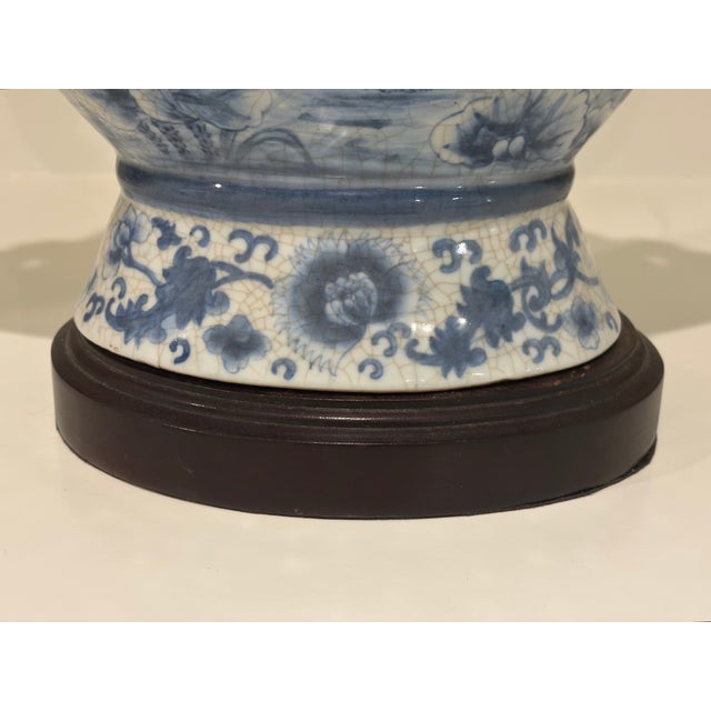Large Scale Chinoiserie Blue and White Porcelain Table Lamp With Sculptural Bird Handles For Sale - Image 12 of 14