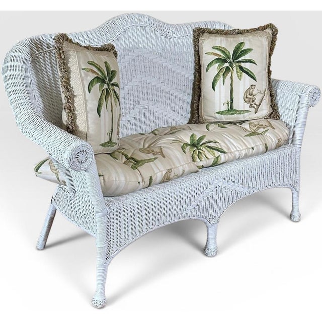 Vintage Palm Beach Regency White Wicker Camelback Settee Loveseat This striking vintage white wicker camelback settee...