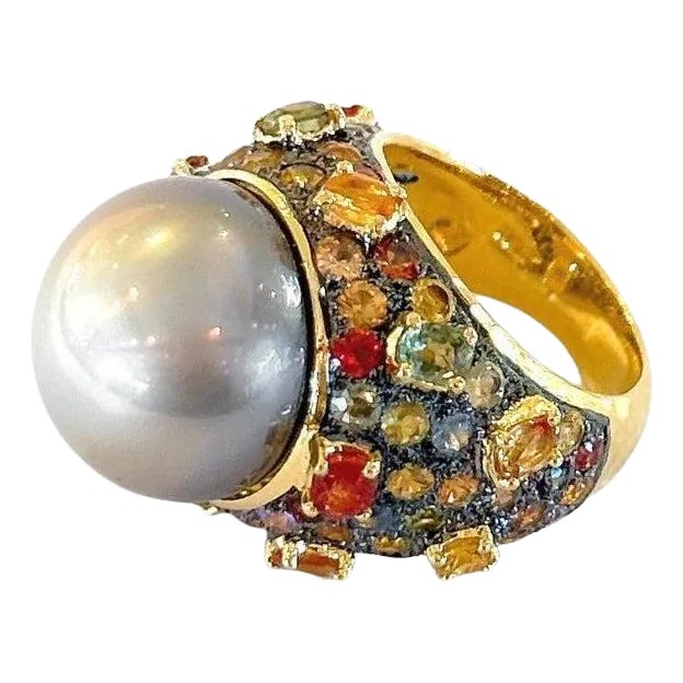 Bochic “Capri” Multi Sapphire & Tahiti Pearl Ring Set In 18K Gold & Silver For Sale