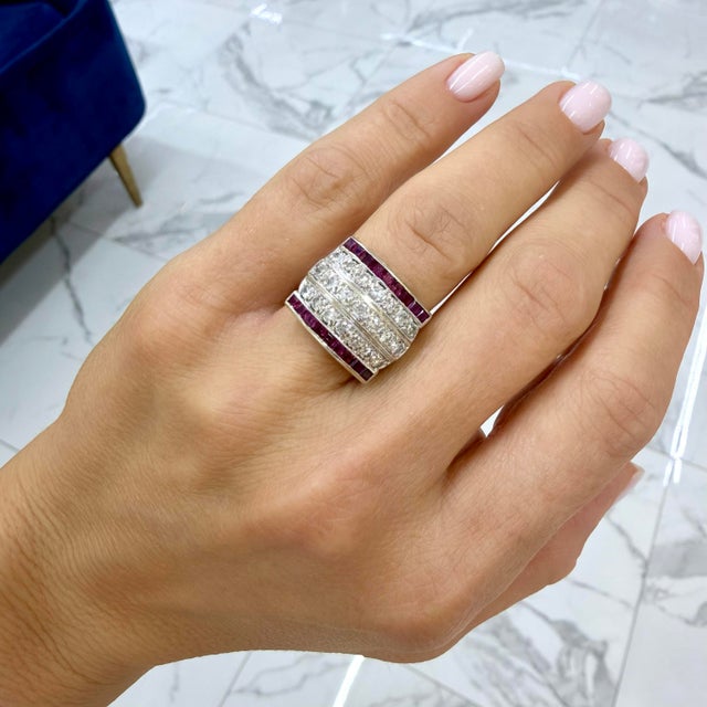 Silver Antique Art Deco 14k White Gold 1.44ct Five Row Diamond Ruby Band Ring, Size 6 For Sale - Image 8 of 8