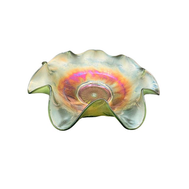 1910s Antique Northwood “Blossoms & Palms” Green Carnival Glass Ruffled Bowl, C. 1910 For Sale - Image 5 of 6