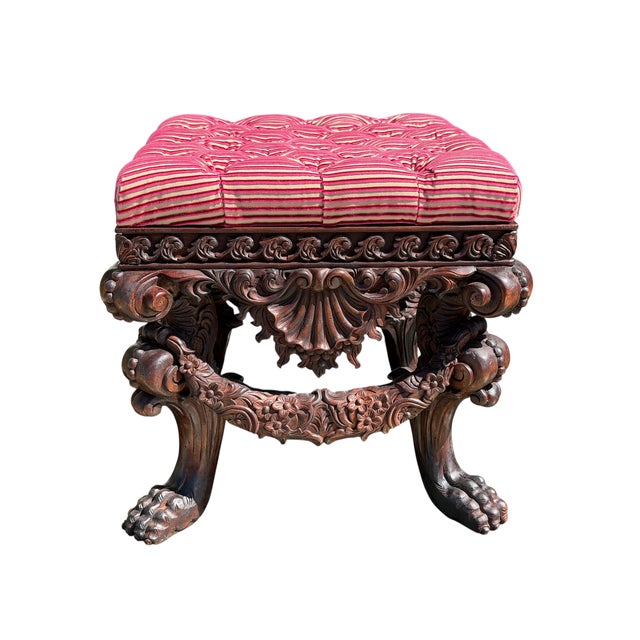 2000 - 2009 18th C Style Carved Italian Walnut Footstool Ottoman Bench For Sale - Image 5 of 5